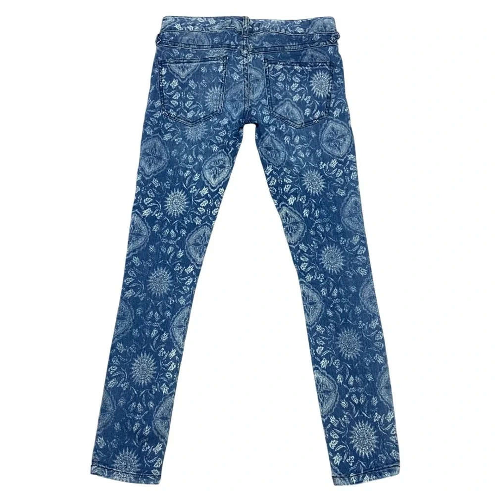 Free People Floral Paisley Skinny Jeans Blue Low Rise Stretch Denim Boho Size 24